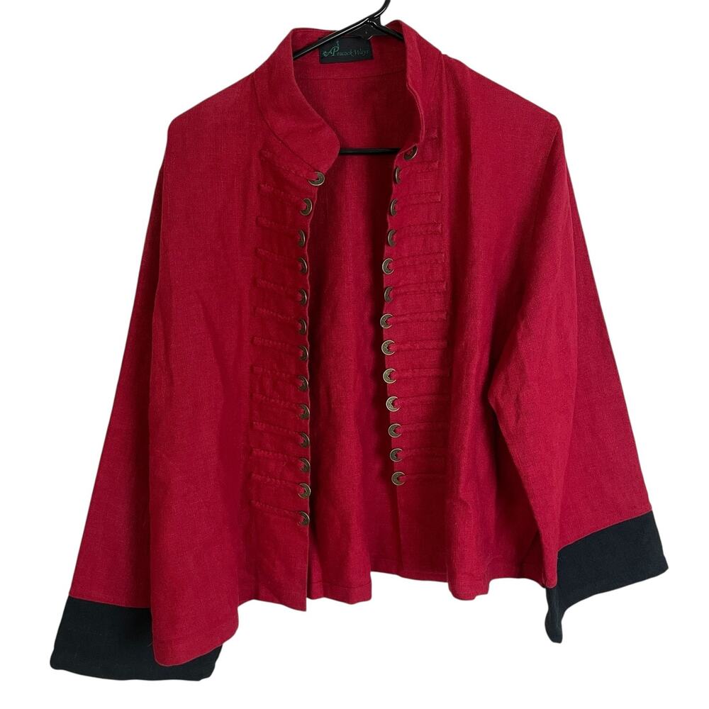 Peaccock Ways Linen Jacket Womens Red Black Chinese Coin Oriental Open Front